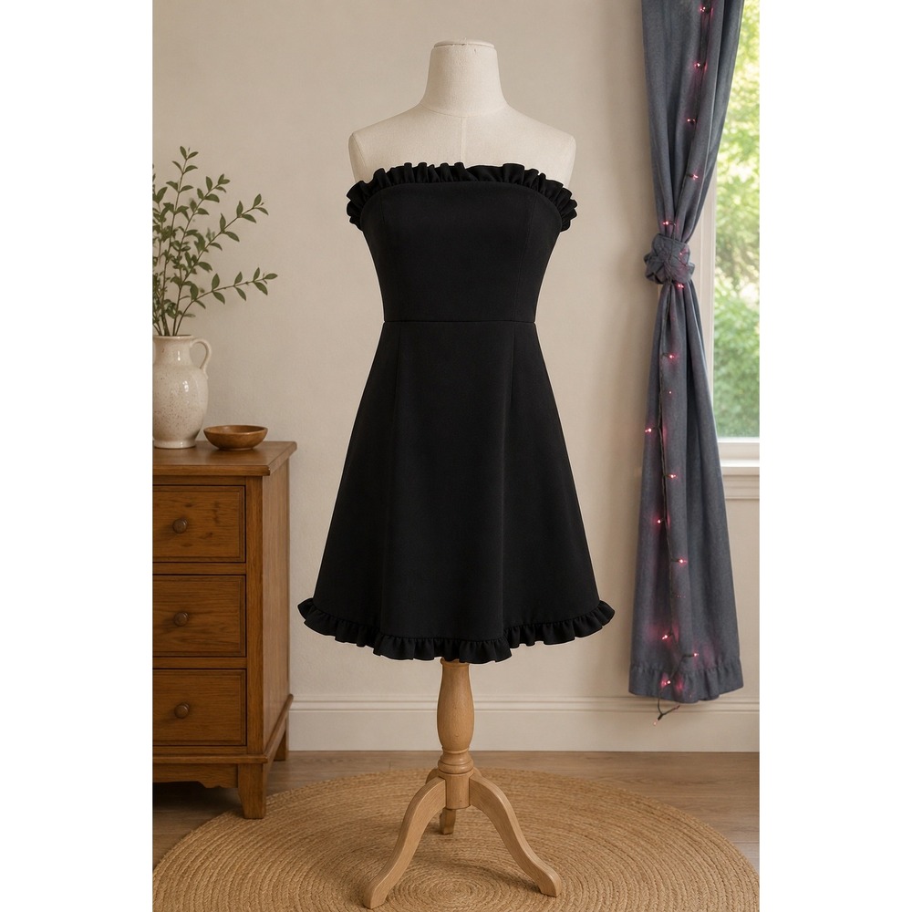French Connection Black Strapless Ruffle Mini Dress Sweetheart Neckline Size 6